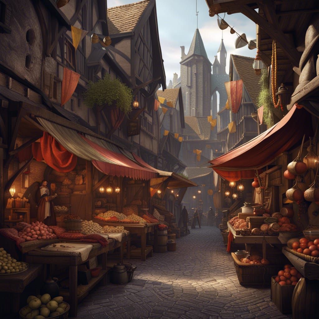 Lively Medieval Market in Detailed Digital Painting