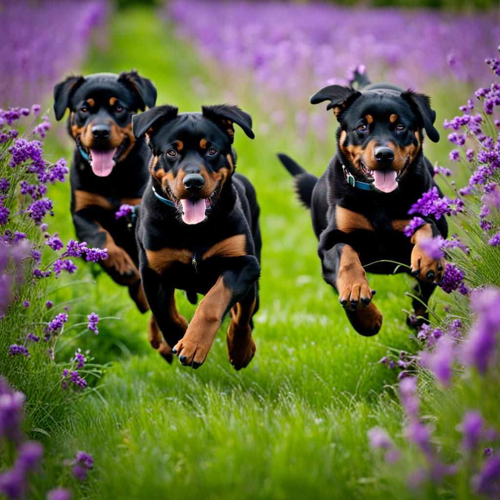 Rottweilers Play in Field of Purple Flowers