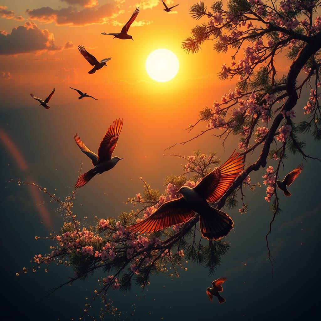 A Joyful Scene of Birds and Nature in a Vibrant Color Palett...