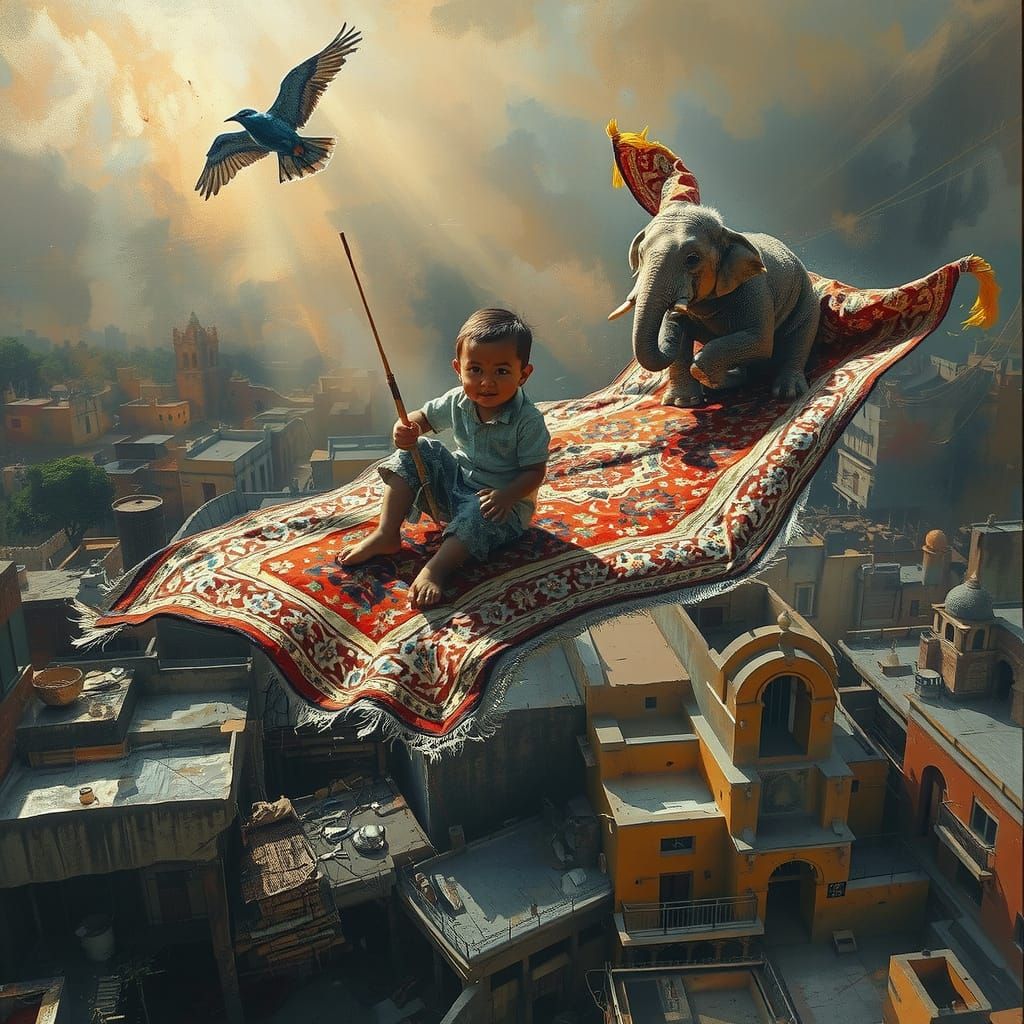 Expressive Oil Painting of Magical Flight in Vibrant Colors