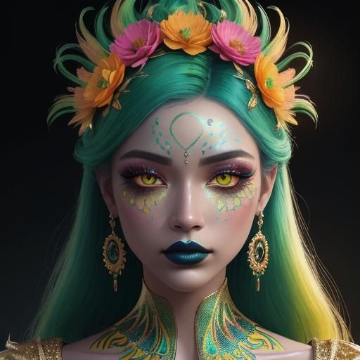 Metallic Woman with Peacock Feathers, Digital Art