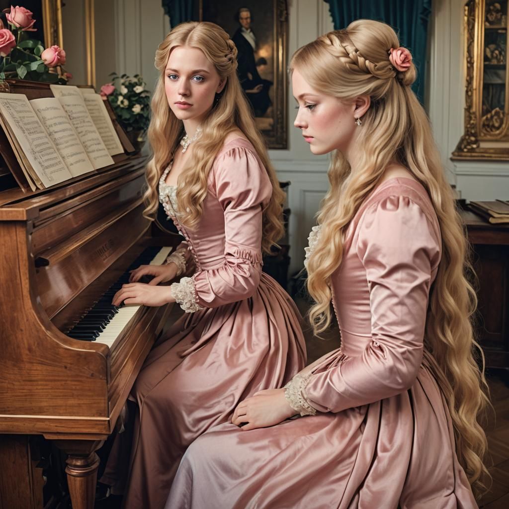 Regency Duchess Playing Piano in Rose Dress