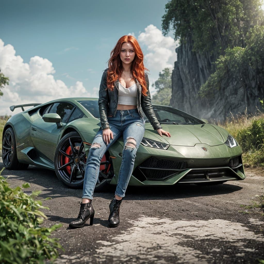 Luxurious Redhead in a Fantasy Lamborghini Scene