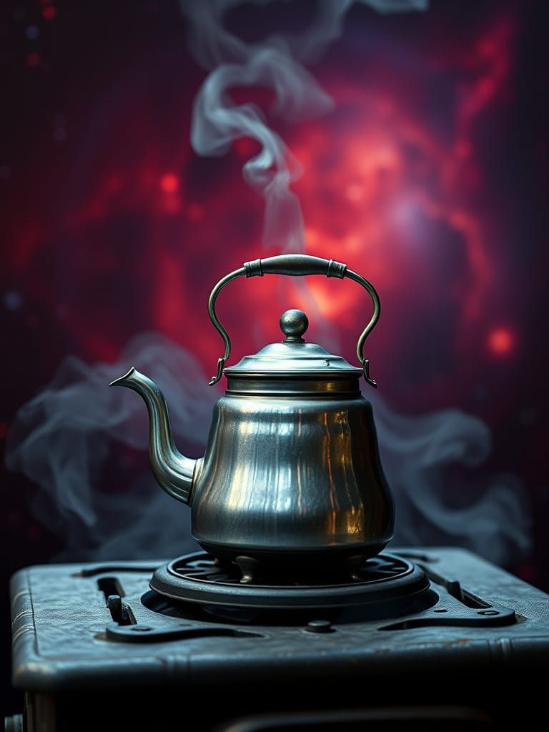 Cosmic Antique Teapot on Wood Stove: Hyperrealistic Film Sti...