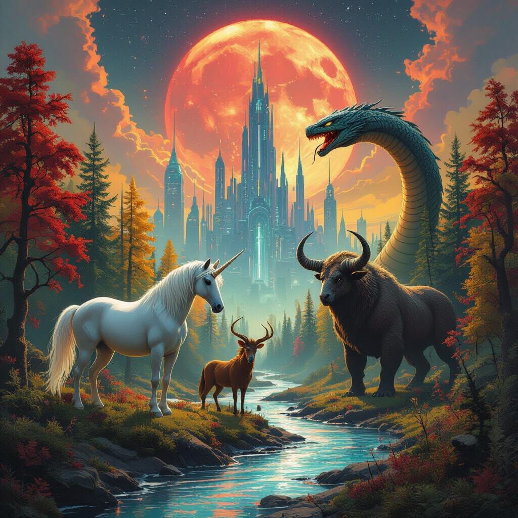 Fantasy Creatures in Futuristic Forest Landscape