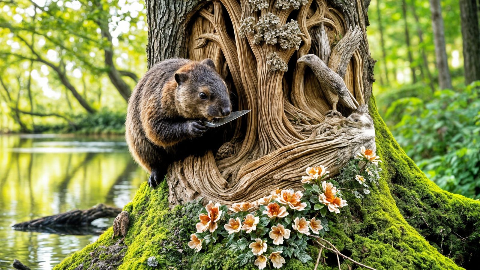 Beaver Carves Hyperreal Forest Scene in Vivid Detail