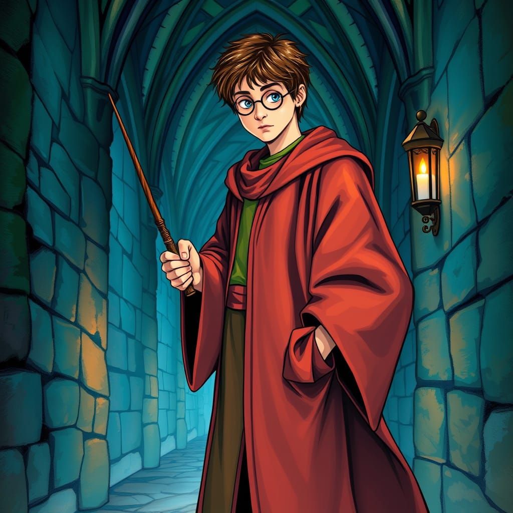 Harry Potter in Whimsical Castle Corridor