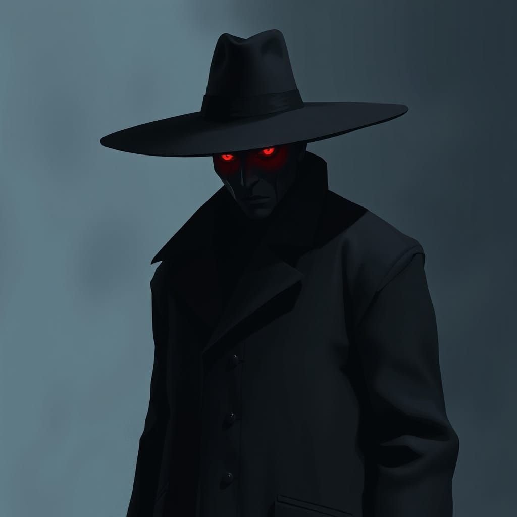 Mysterious Shadowy Figure in Hat with Glowing Red Eyes