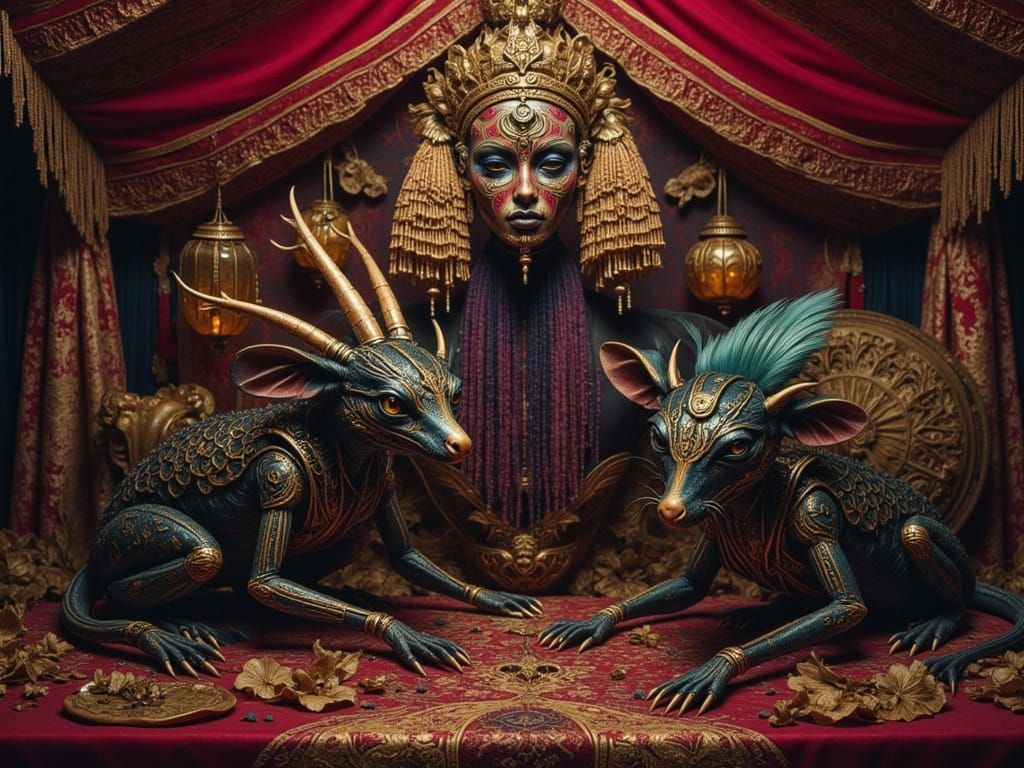 Tamed Demons at Mystical Market in Detailed Matte Painting S...