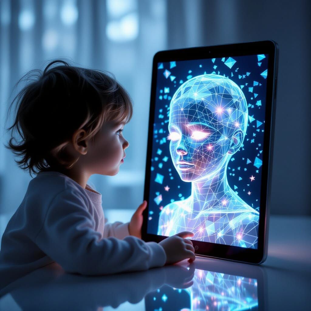 Child Reflects Digital Avatar in Surreal Tablet