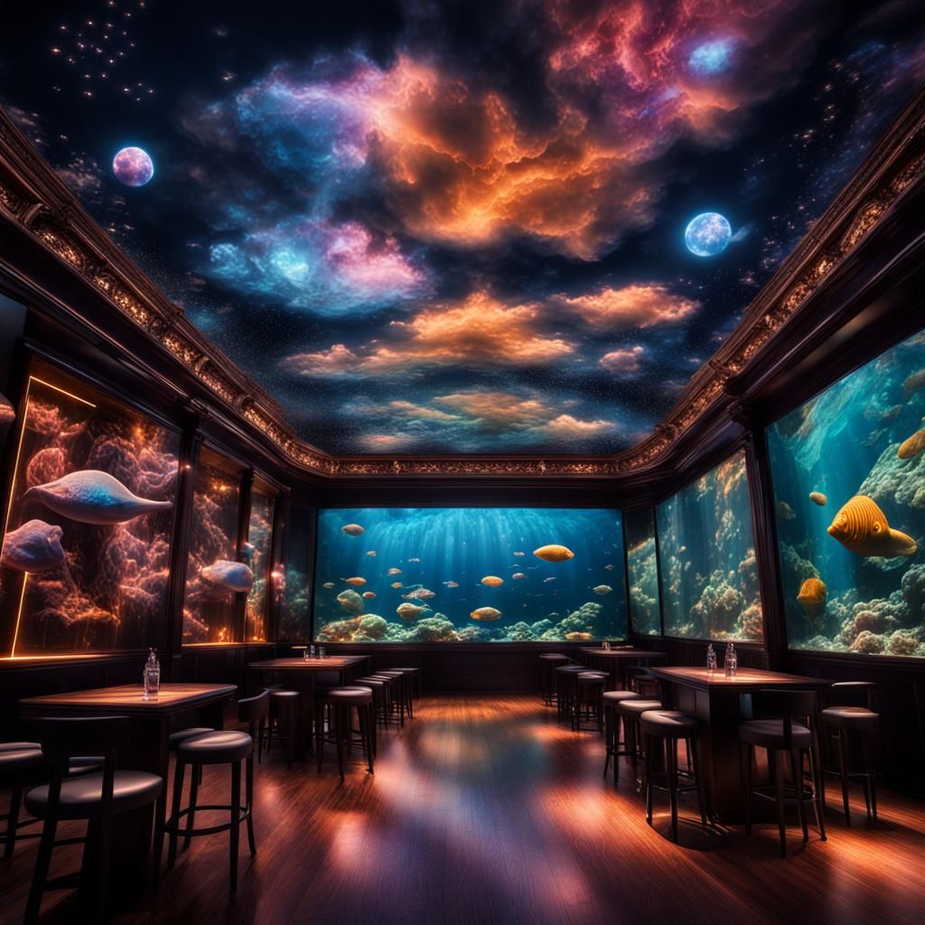 Surreal Discotheque with Glowing Clouds and Constellations