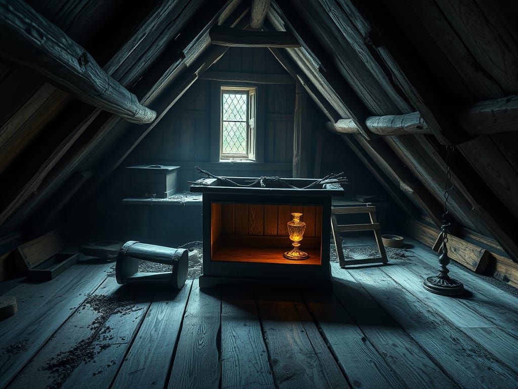 Ancient Crystal Dagger in Dusty Attic, Horror Style