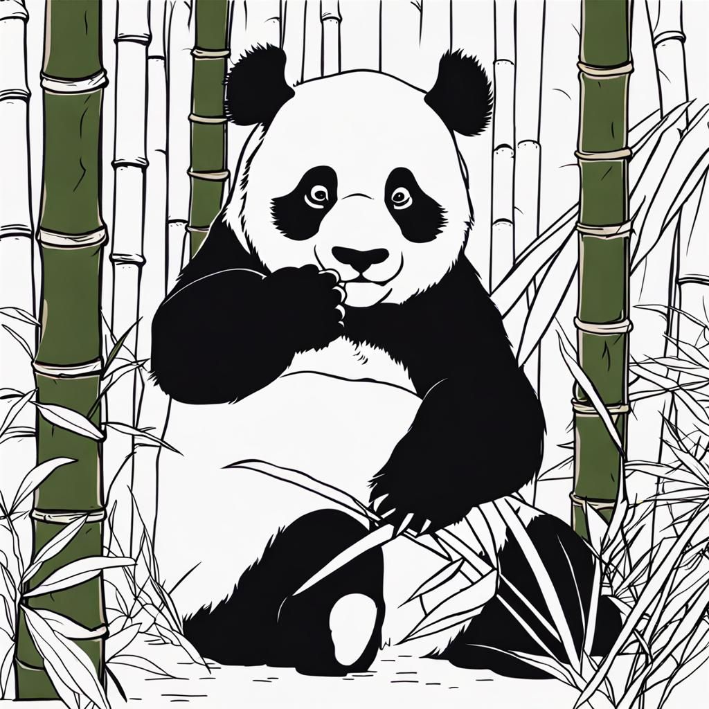 Panda Eating Bamboo: Line Art Illustration