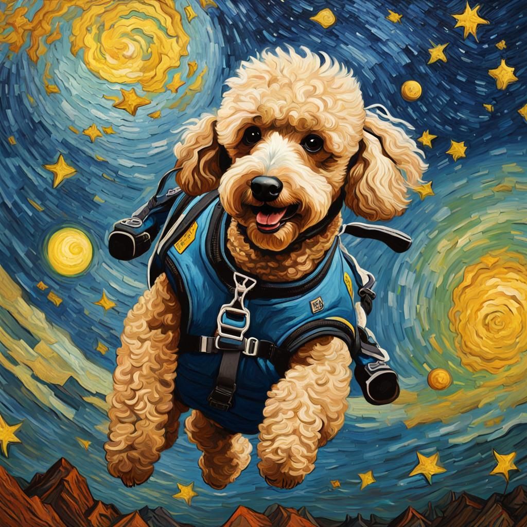 Poodle Skydiving in Starry Night Style