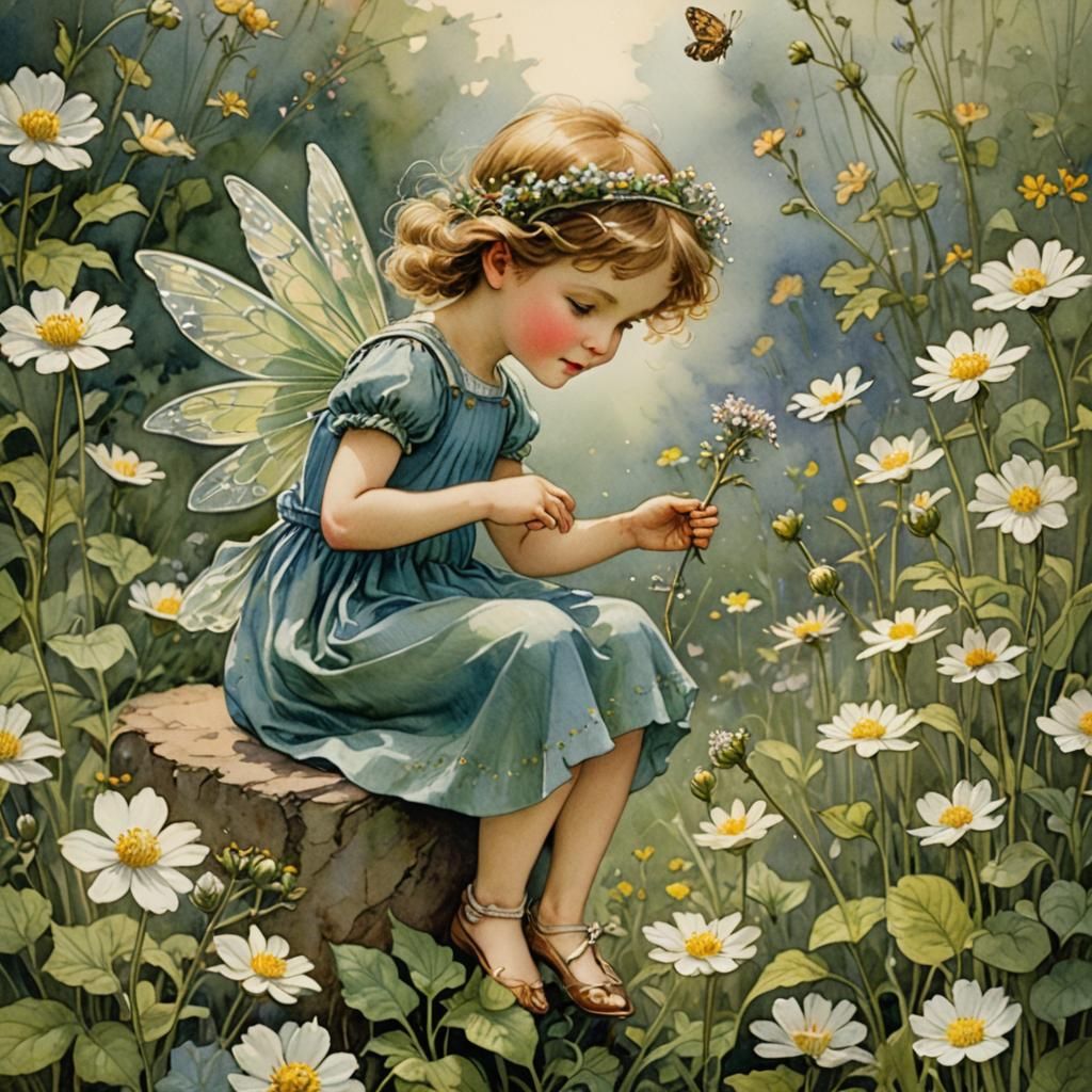 Flower Fairy and Child Watercolor Illustration