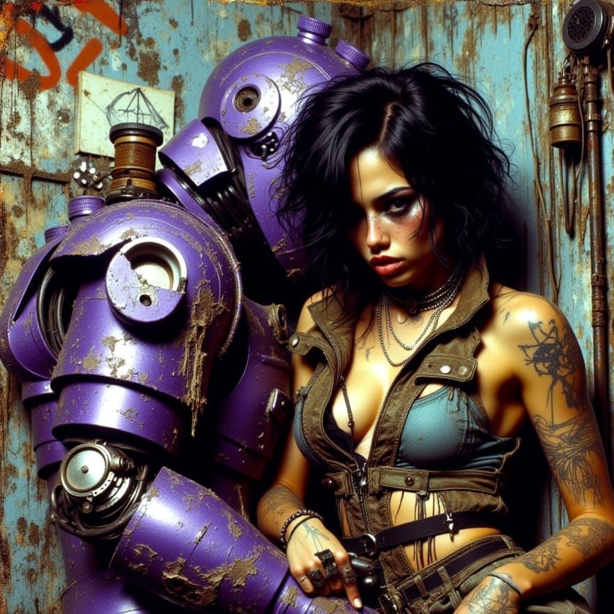 Urbanpunk Woman Cares for Her Mechanized Companion