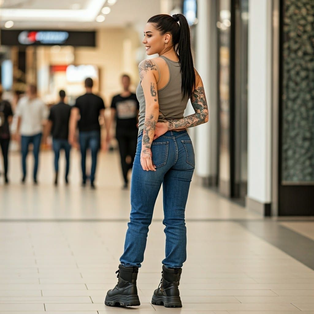 Brunette Woman in Mall with Hands Restrained