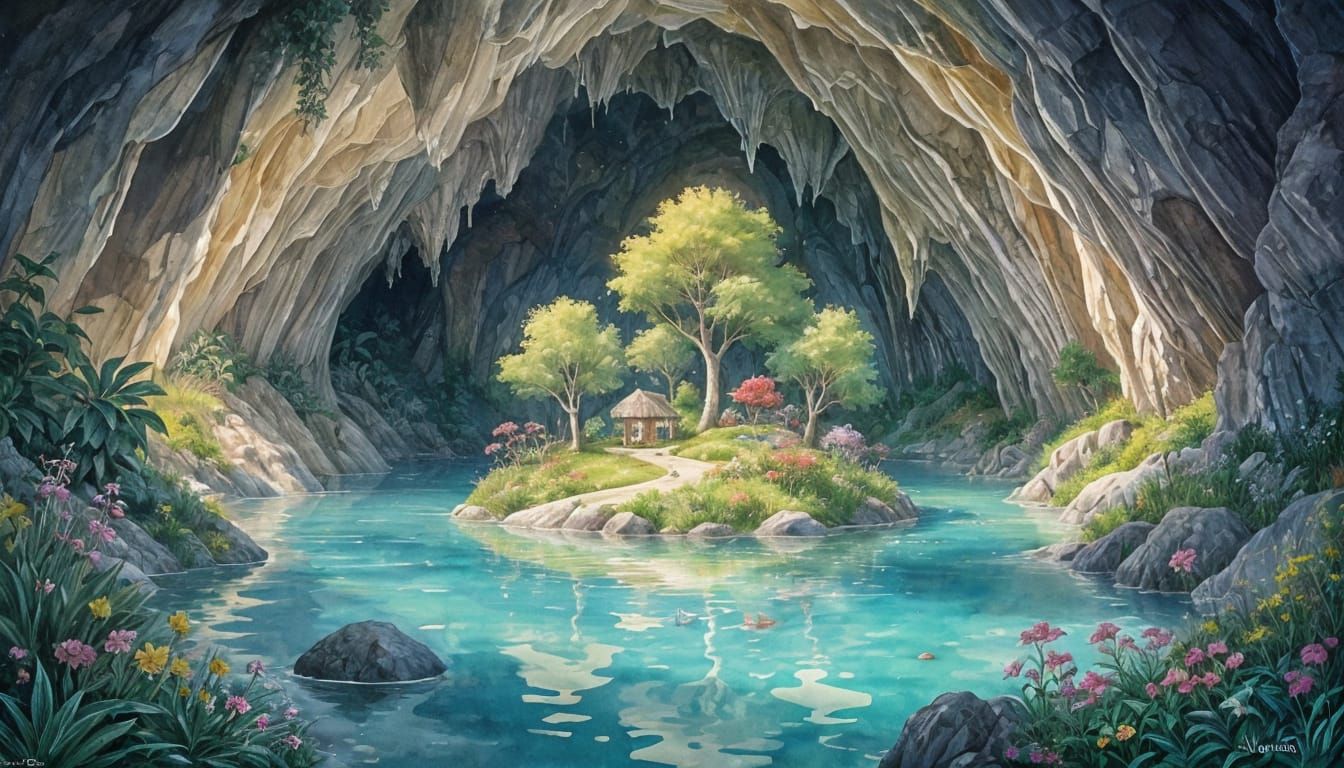Whimsical Summer Cave Lake With Island Oasis