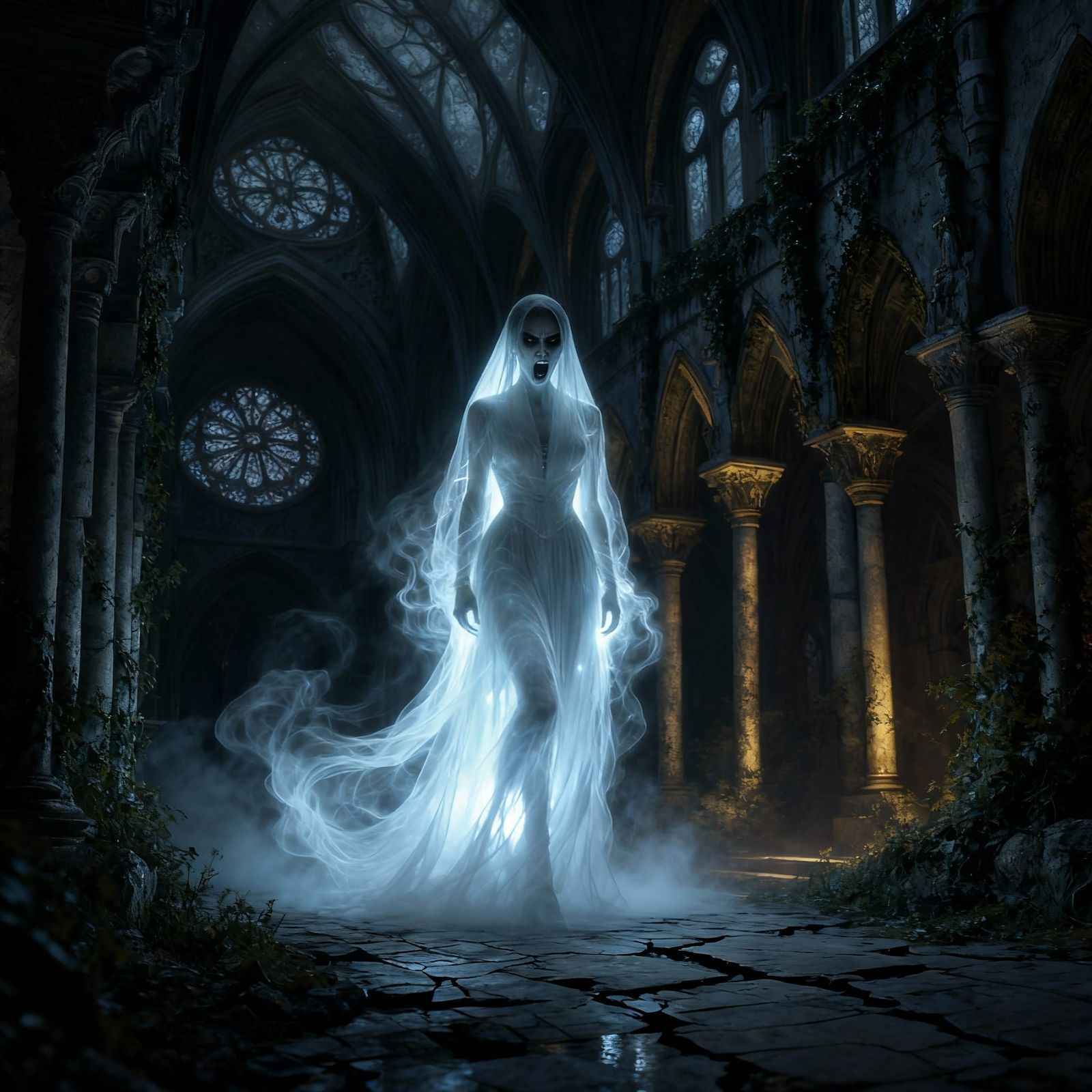 Ghostly Victorian Specter Stares from Dark Staircase