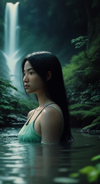 Moonlit Bath in Nature: Cinematic Film Still