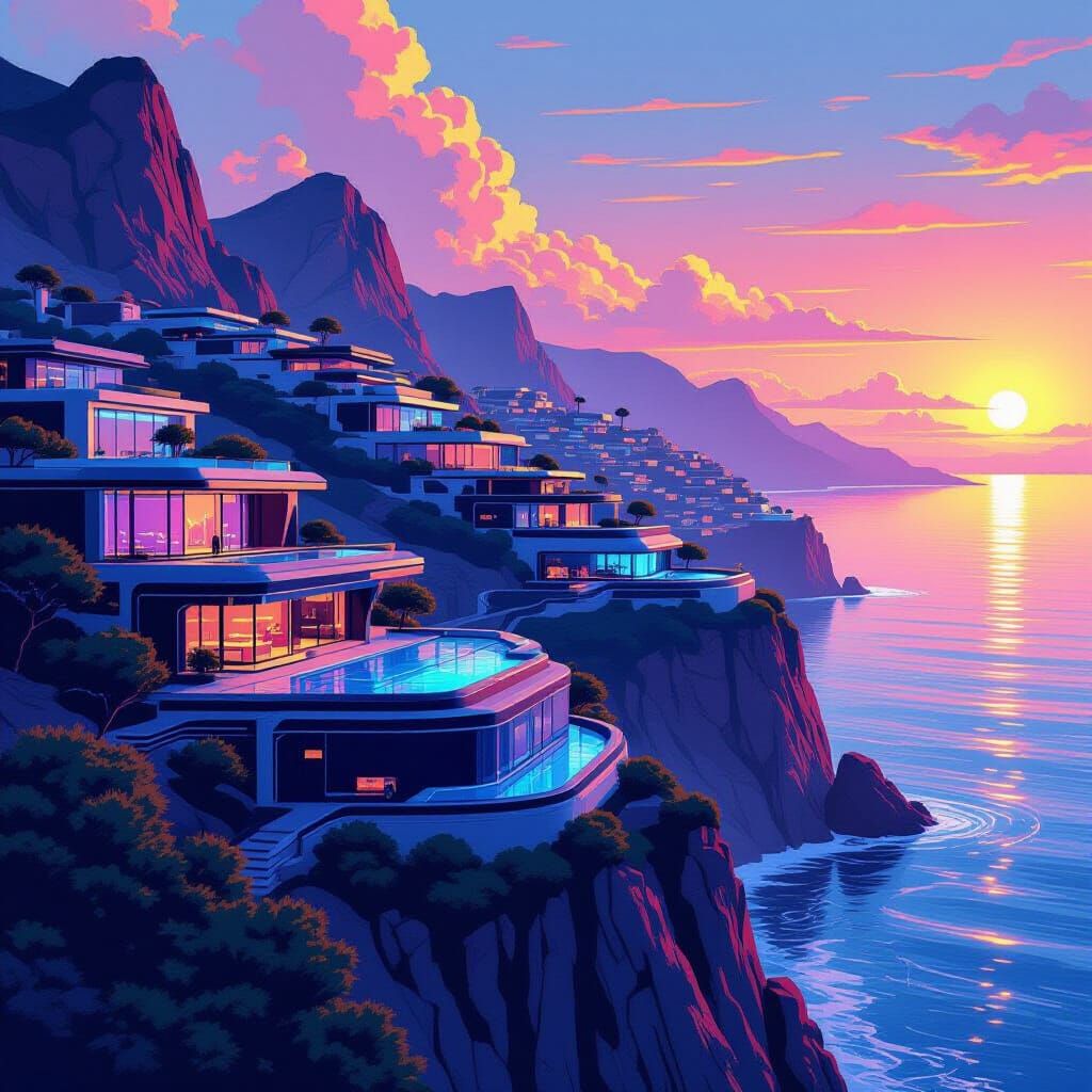 Retro-Futuristic Cliffside Terraces in Neon Light