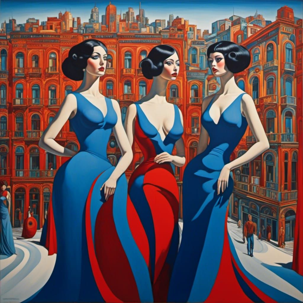 Surreal Women in a Psychedelic Cityscape