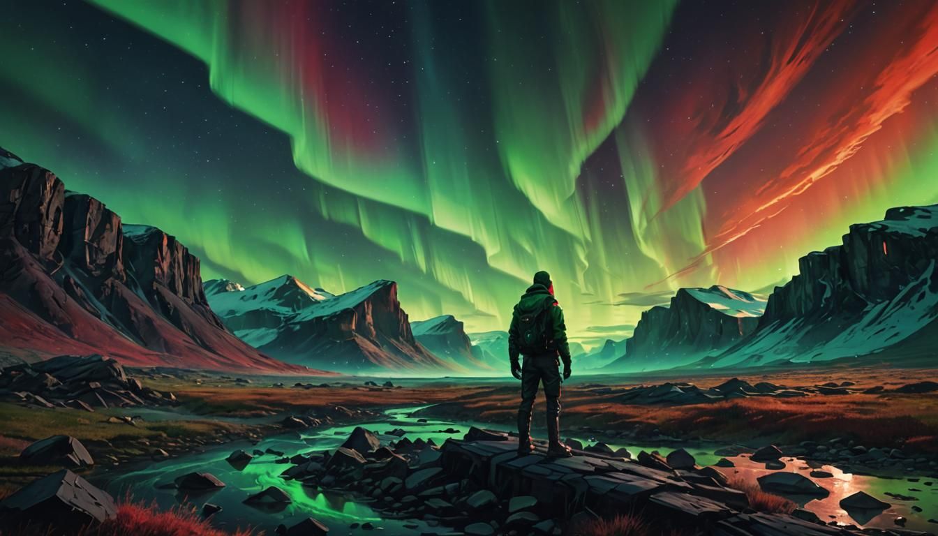 Windswept Wasteland Under Northern Lights: Hyperrealistic Co...