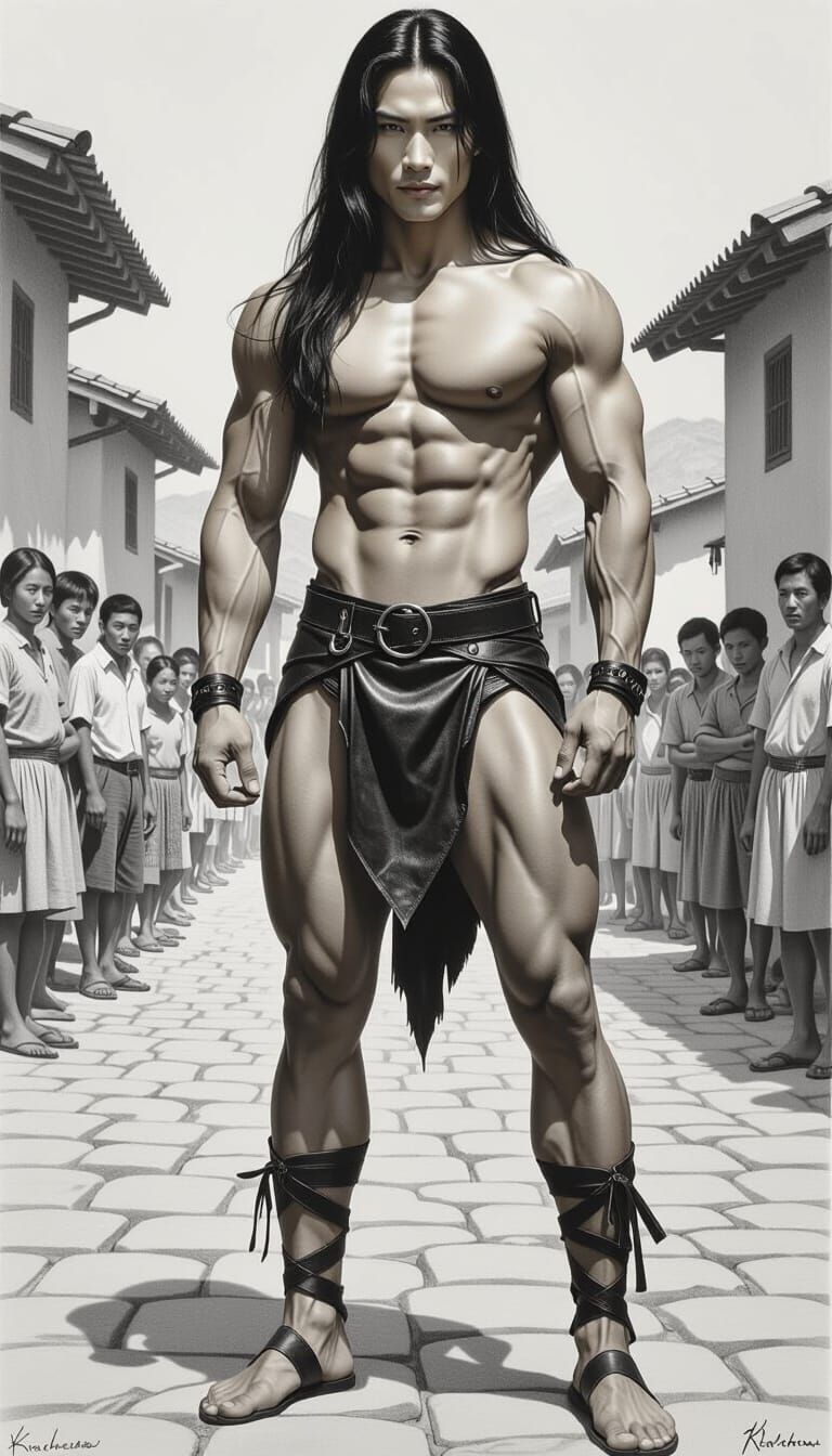 Muscled Asian Man in Village Square, Pencil Drawing