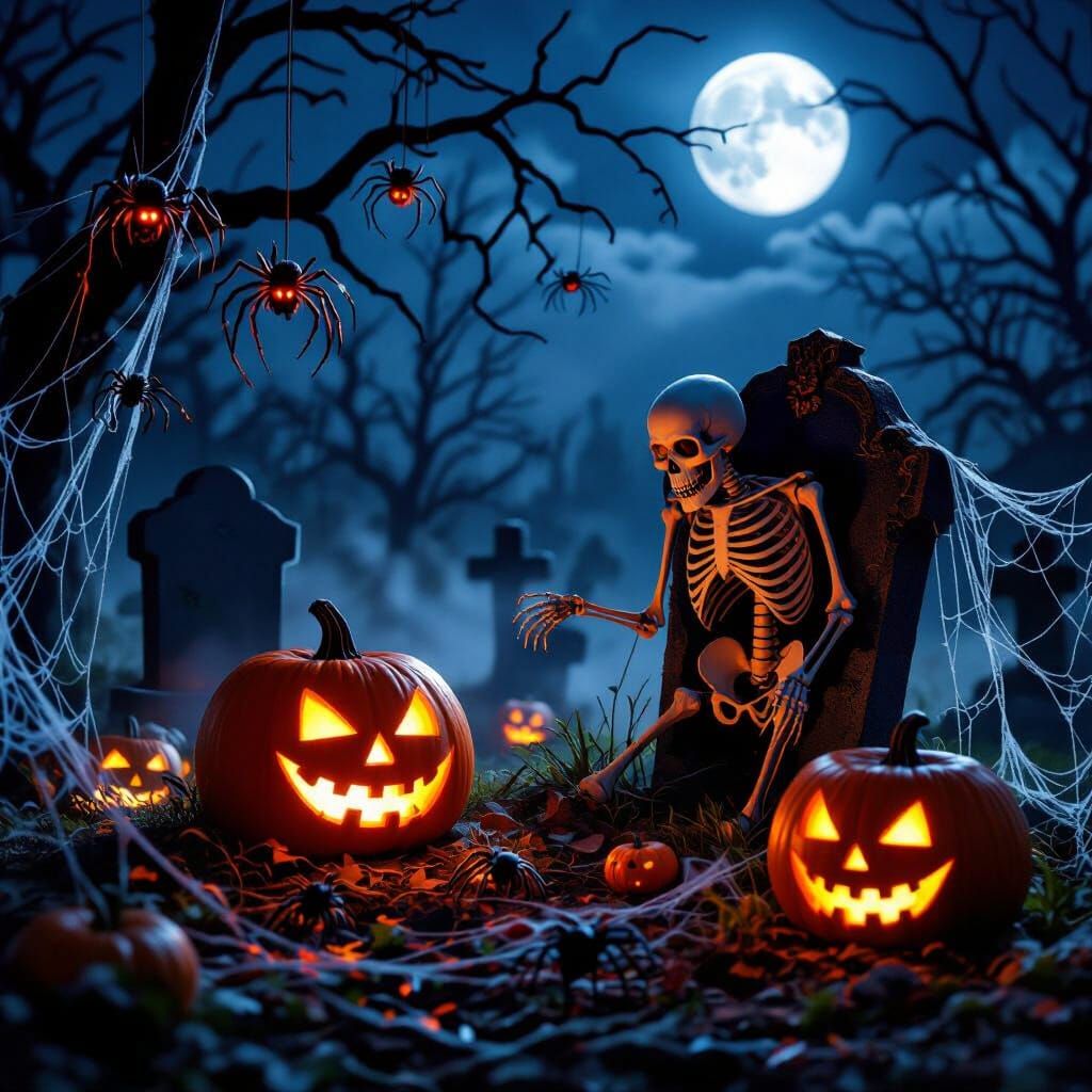 Halloween Grave Scene with Escaped Skeleton and Glowing Pump...
