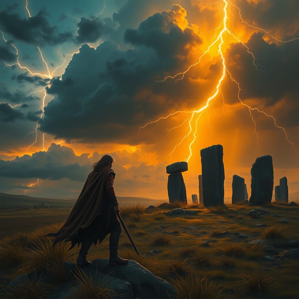 Mystical Traveler Endures Fierce Lightning Storm on Windswep...