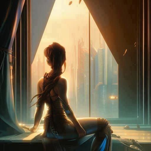 Elegant Woman Gazing at Cityscape in Cyberpunk Style