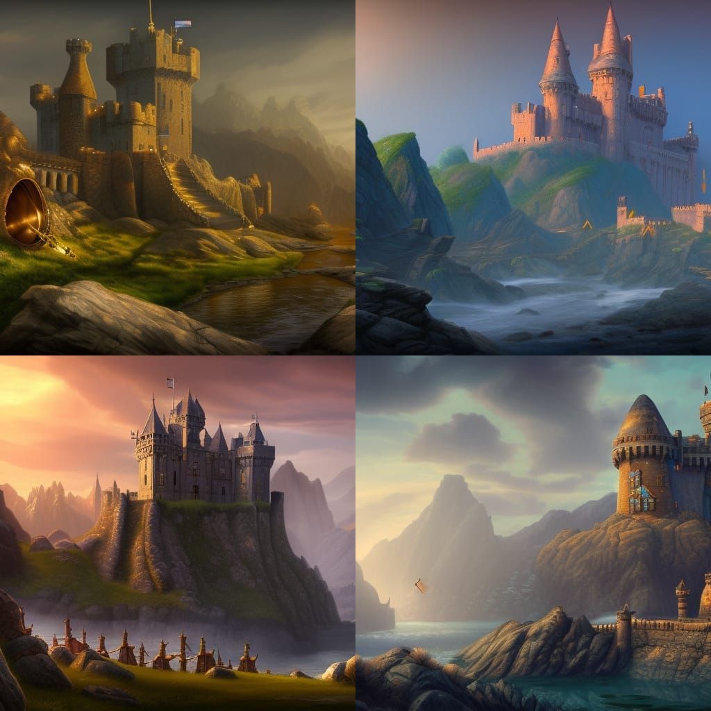Catapults Attack Shimmering Castle: Fantasy Art