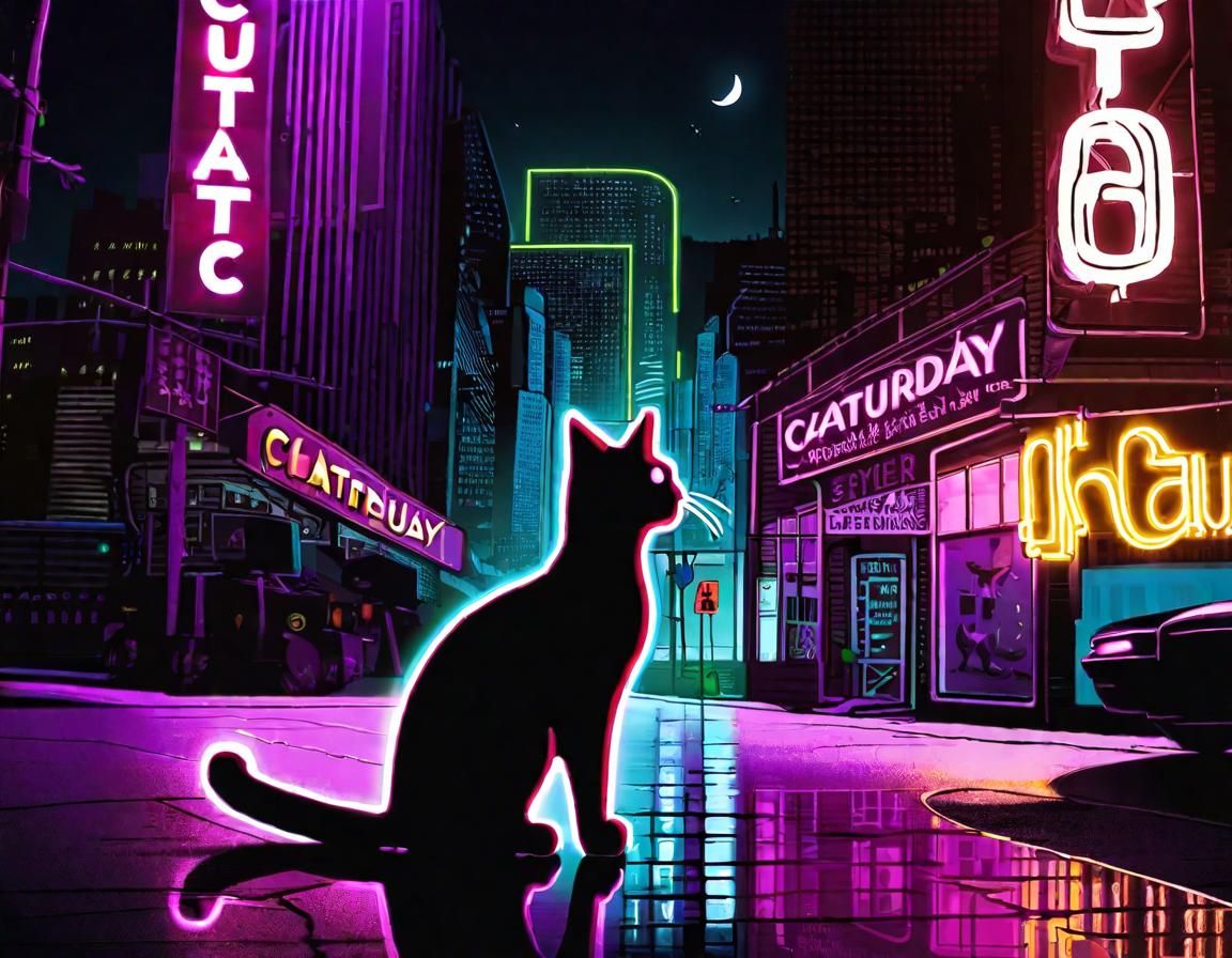 Cat in Neon City at Night