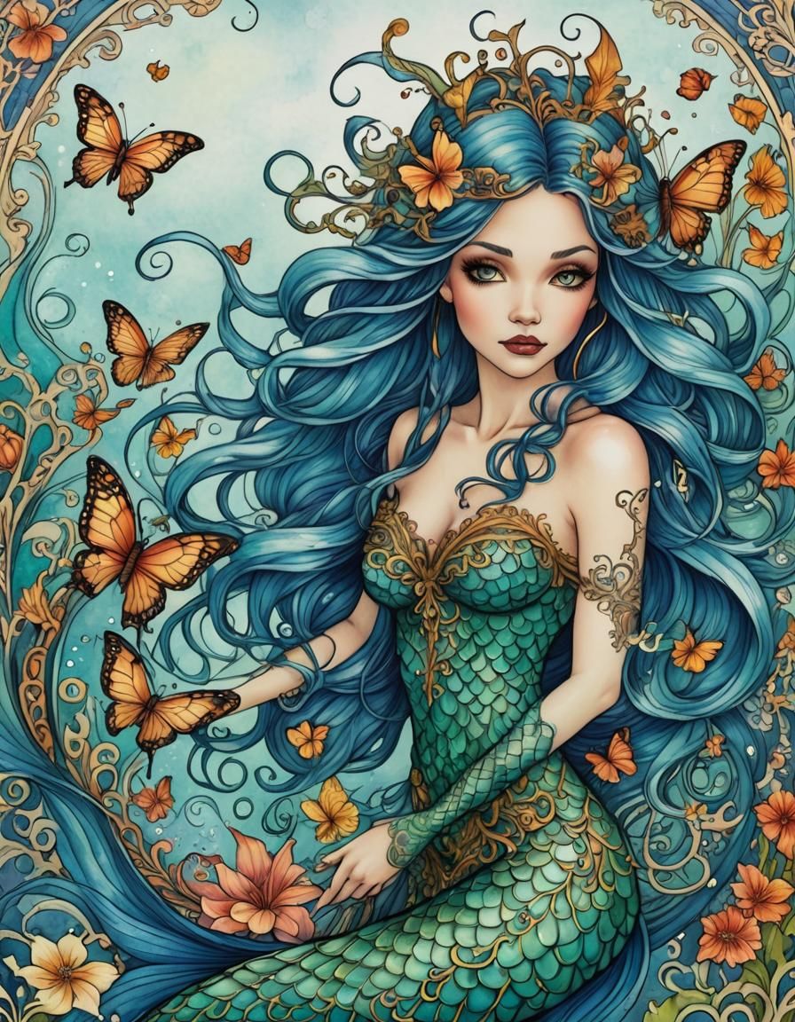 Blue-Haired Mermaid in Detailed Digital Watercolor