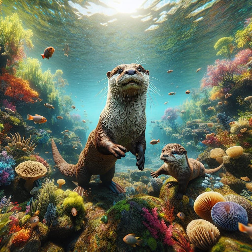 Underwater Otter Family in Hyperrealistic Detail