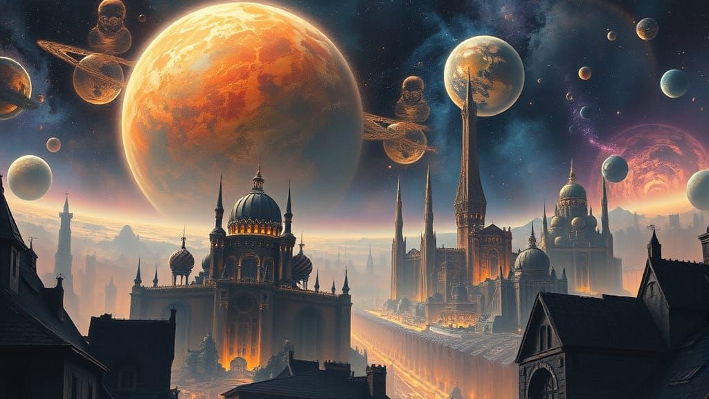 Floating Cosmic City in Space: Digital Gouache Painting