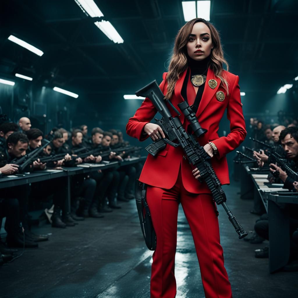 Woman in Red Suit with Rifle: Cinematic Action Shot