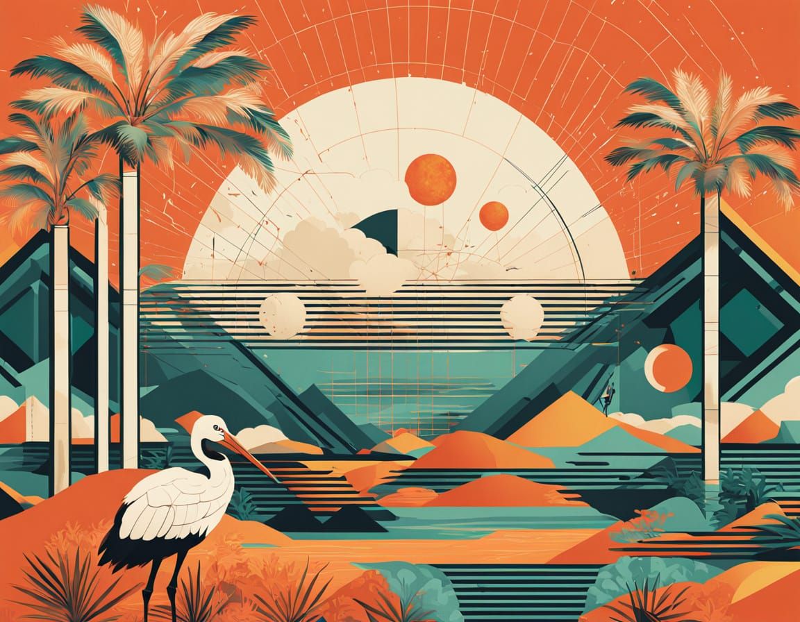 Storks Soar to Palm Tree Under Golden Moonlight