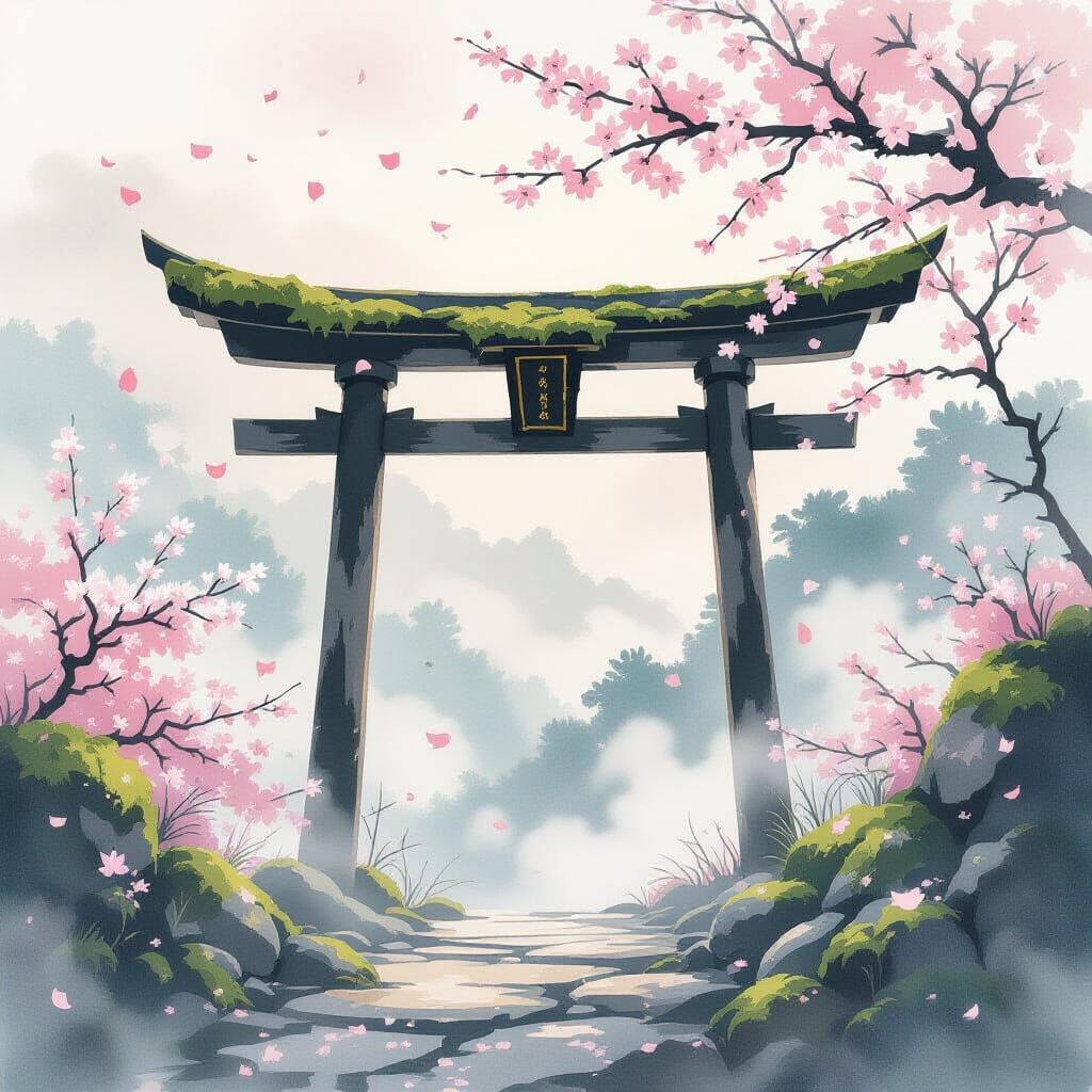 Ancient Mossy Torii Gate in Ethereal Mist
