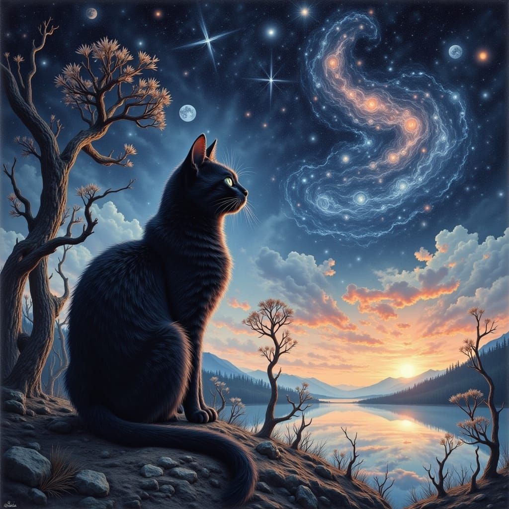 Black Cat Transforms into Cosmic Ink in Chinese Watercolor S...