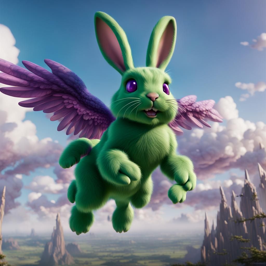 Green Rabbit with Purple Wings in Flight