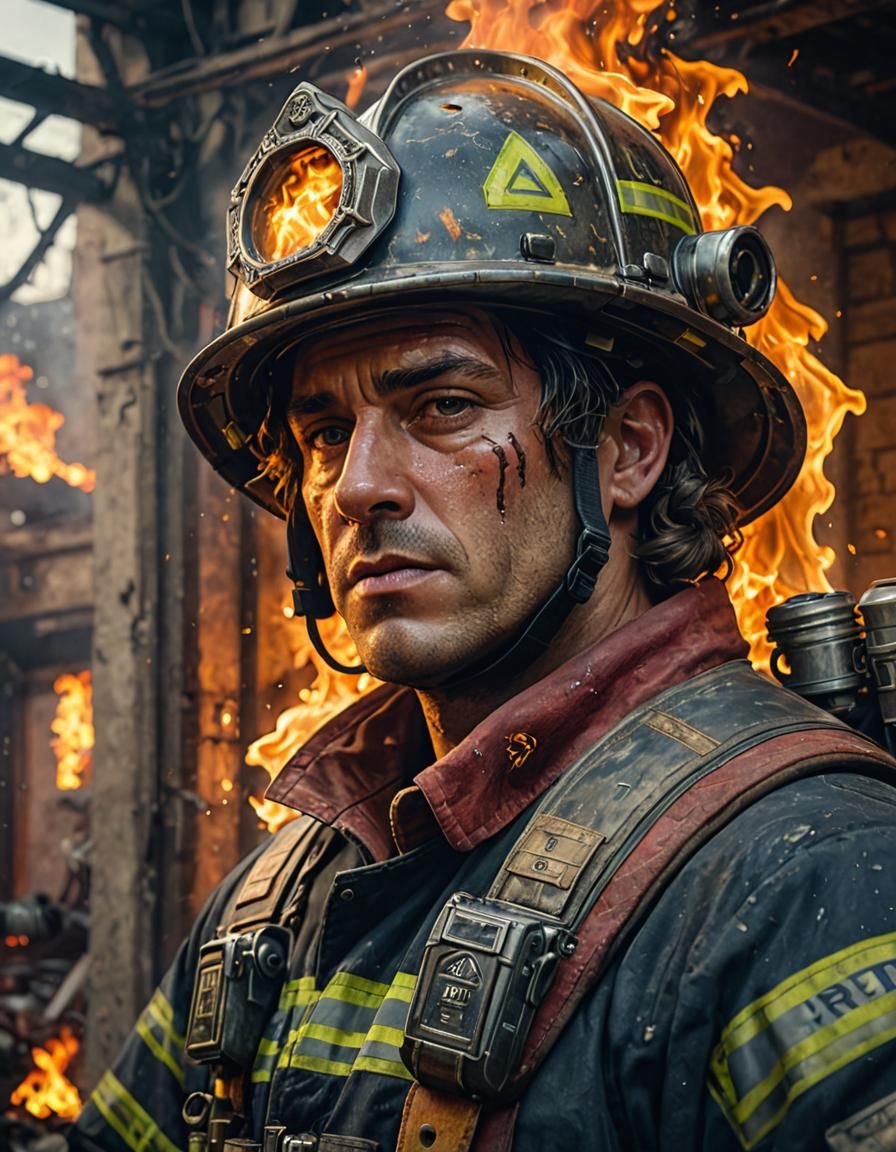 Firefighter Portrait in Burning Building, Splash Art