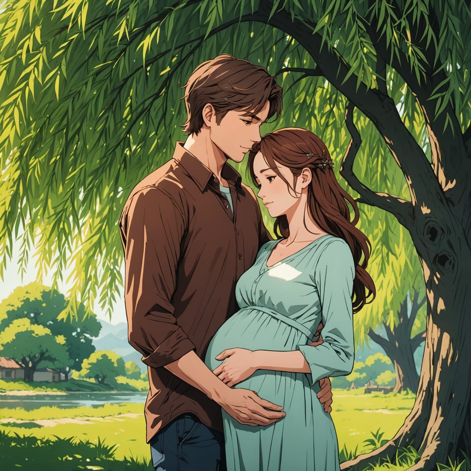 Man and Pregnant Wife Under Willow Tree in Anime Style