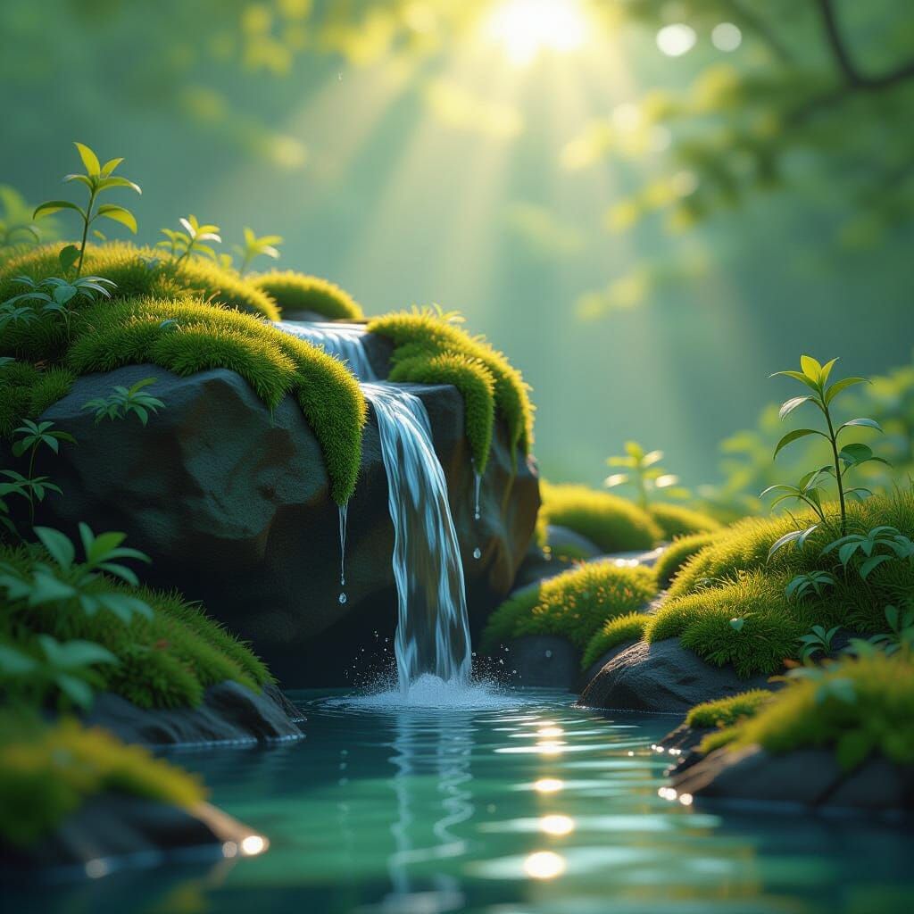 Clear Spring Water Trickling Down Mossy Rocks