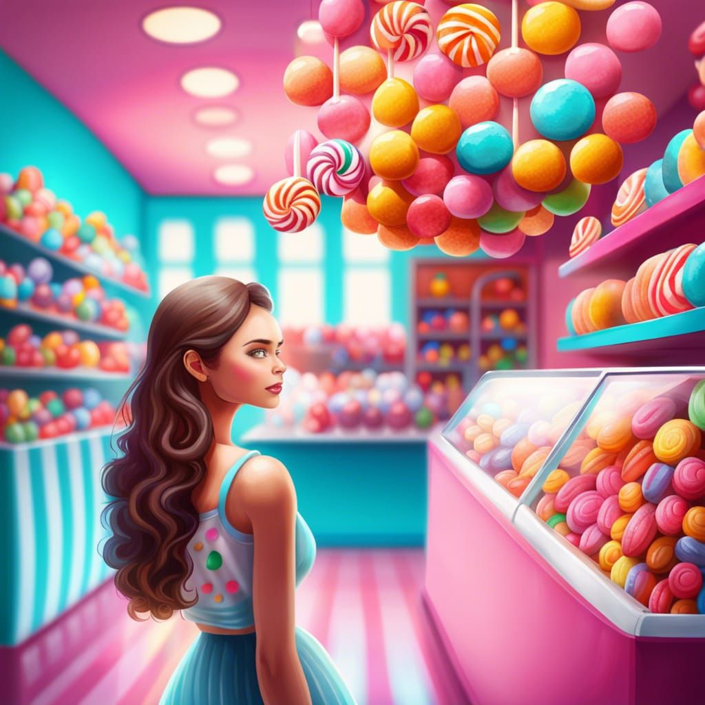Vibrant Candy Shop with Dreamy Candies and Beautiful Woman