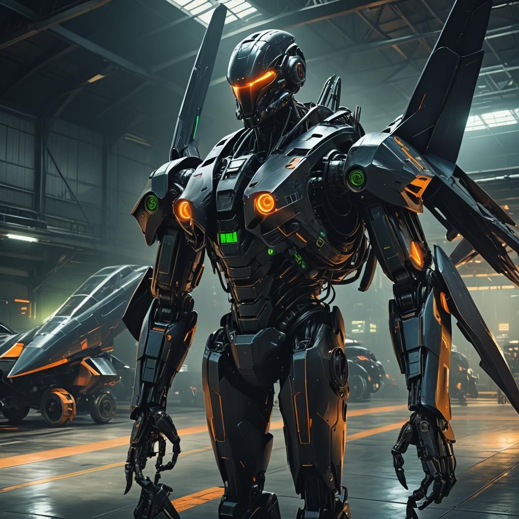 Cyberpunk Exoskeleton in Dimly Lit Hangar