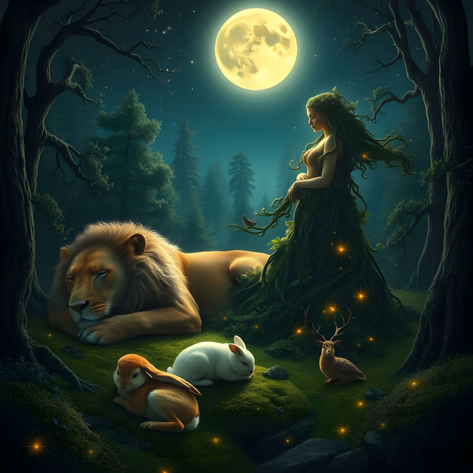 Magical Forest Guardian Over Sleeping Animals