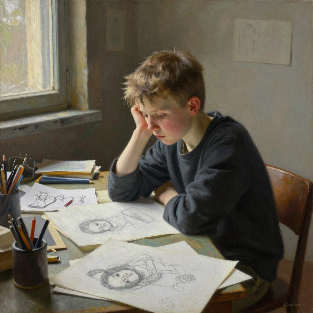 Boy Lost in Thought at Cluttered Desk, Vermeer Style