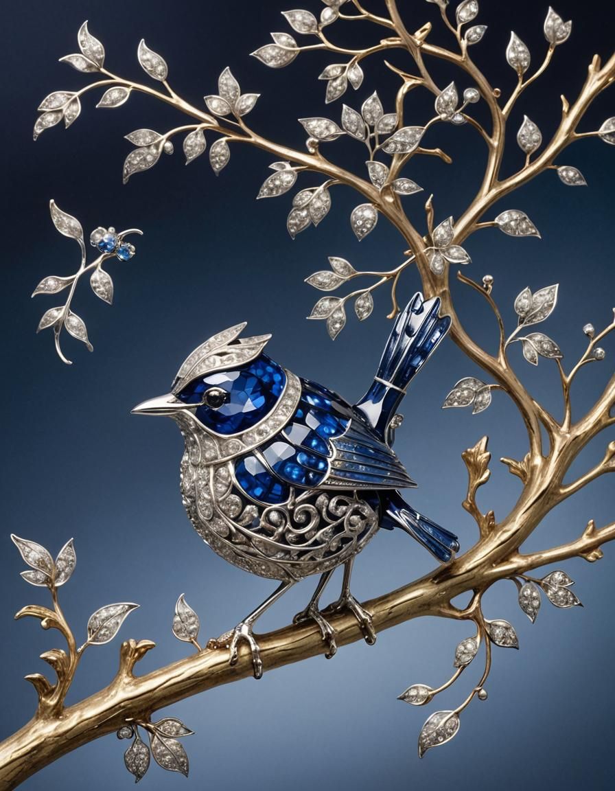 Sapphire and Diamond Wren Brooch in Elegant Silver Filigree