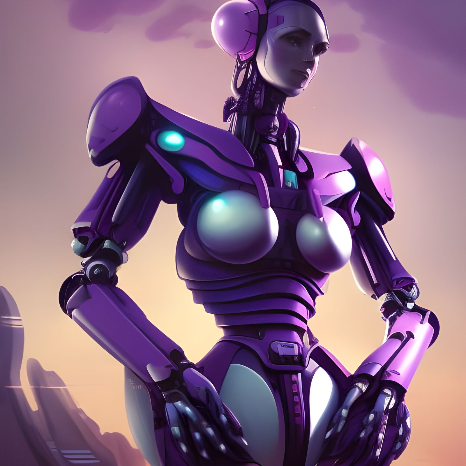 Futuristic Purple Mecha Robot in City at Sunset